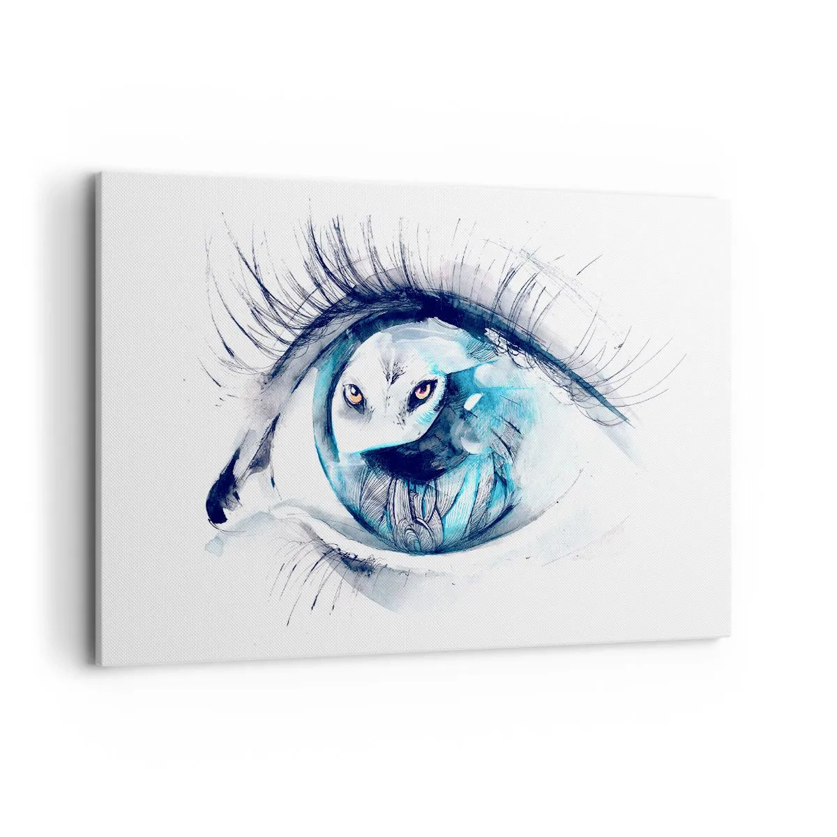 Bild auf Leinwand - Leinwandbild - Ein Auge mit dem Bild einer Eule in Aquarell-Blautönen - 120x80cm - Auge in Auge mit Wildheit - Moderne Wanddekoration für Wohnzimmer und Schlafzimmer ARTTOR