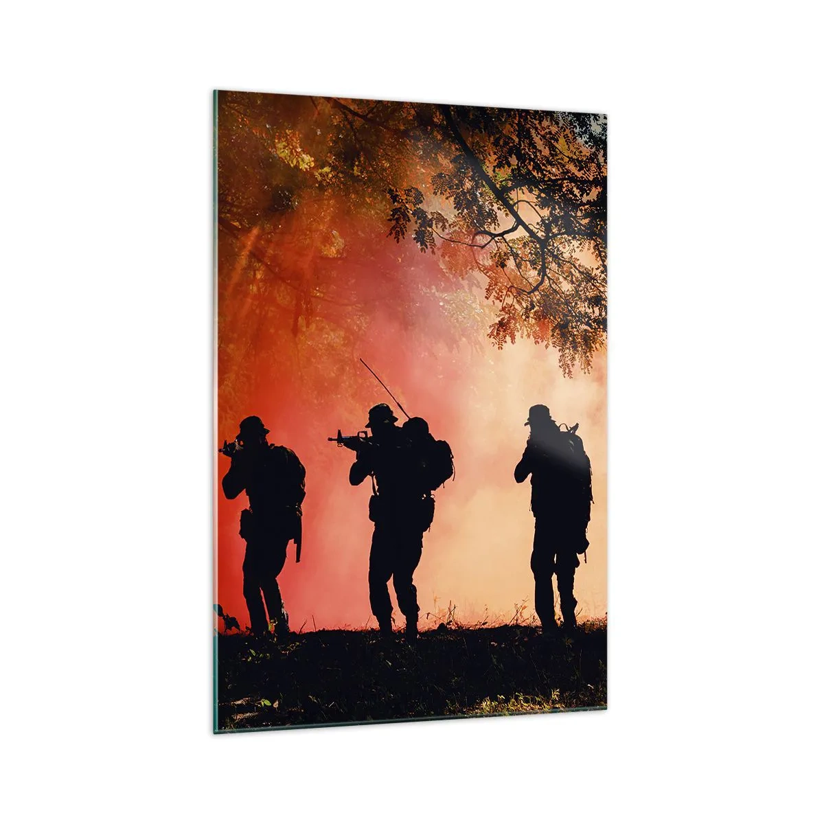 Glasbild - Bild auf glas - Silhouetten von Soldaten im Wald vor dem orangefarbenen Himmel - 70x100cm - … Alle für einen. - Moderne Wanddekoration für Wohnzimmer und Schlafzimmer ARTTOR