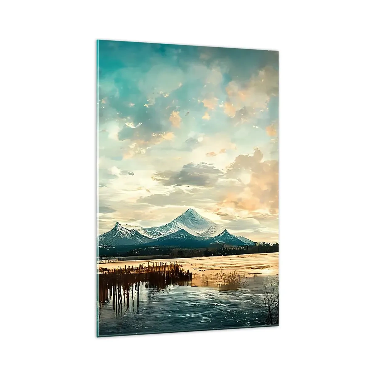 Glasbild - Bild auf glas - Eine malerische Landschaft mit einem Berg und einem ruhigen See - 70x100cm - Unter dem Schutz des Himmels - Moderne Wanddekoration für Wohnzimmer und Schlafzimmer ARTTOR
