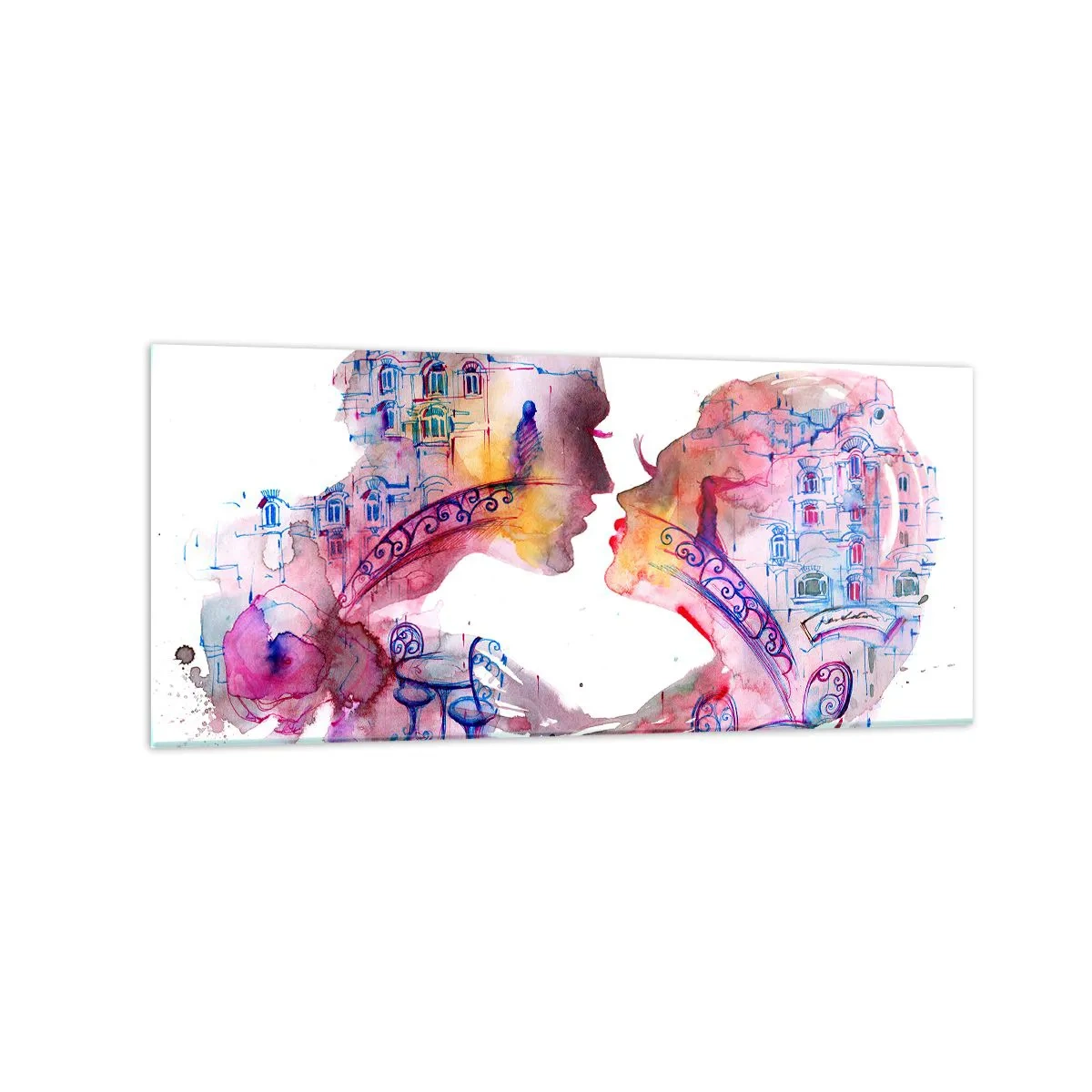 Glasbild - Bild auf glas - Ein romantisches Aquarell, das die Silhouetten von Liebenden darstellt - 120x50cm - Die geheime Seufzerbrücke - Moderne Wanddekoration für Wohnzimmer und Schlafzimmer ARTTOR