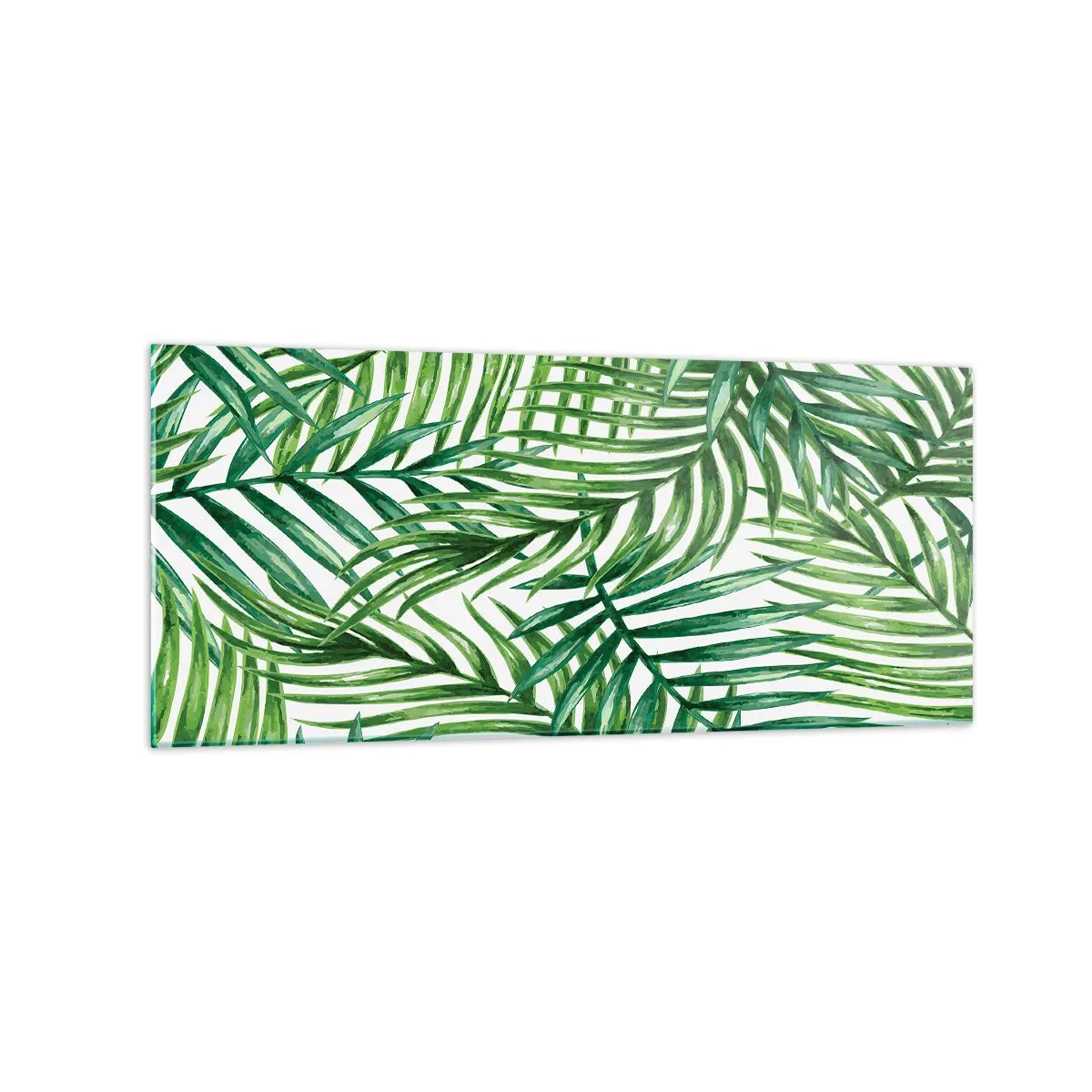 Glasbild - Bild auf glas - Grüne tropische Palmblätter auf hellem Hintergrund - 120x50cm - Unter dem grünen Baldachin - Moderne Wanddekoration für Wohnzimmer und Schlafzimmer ARTTOR