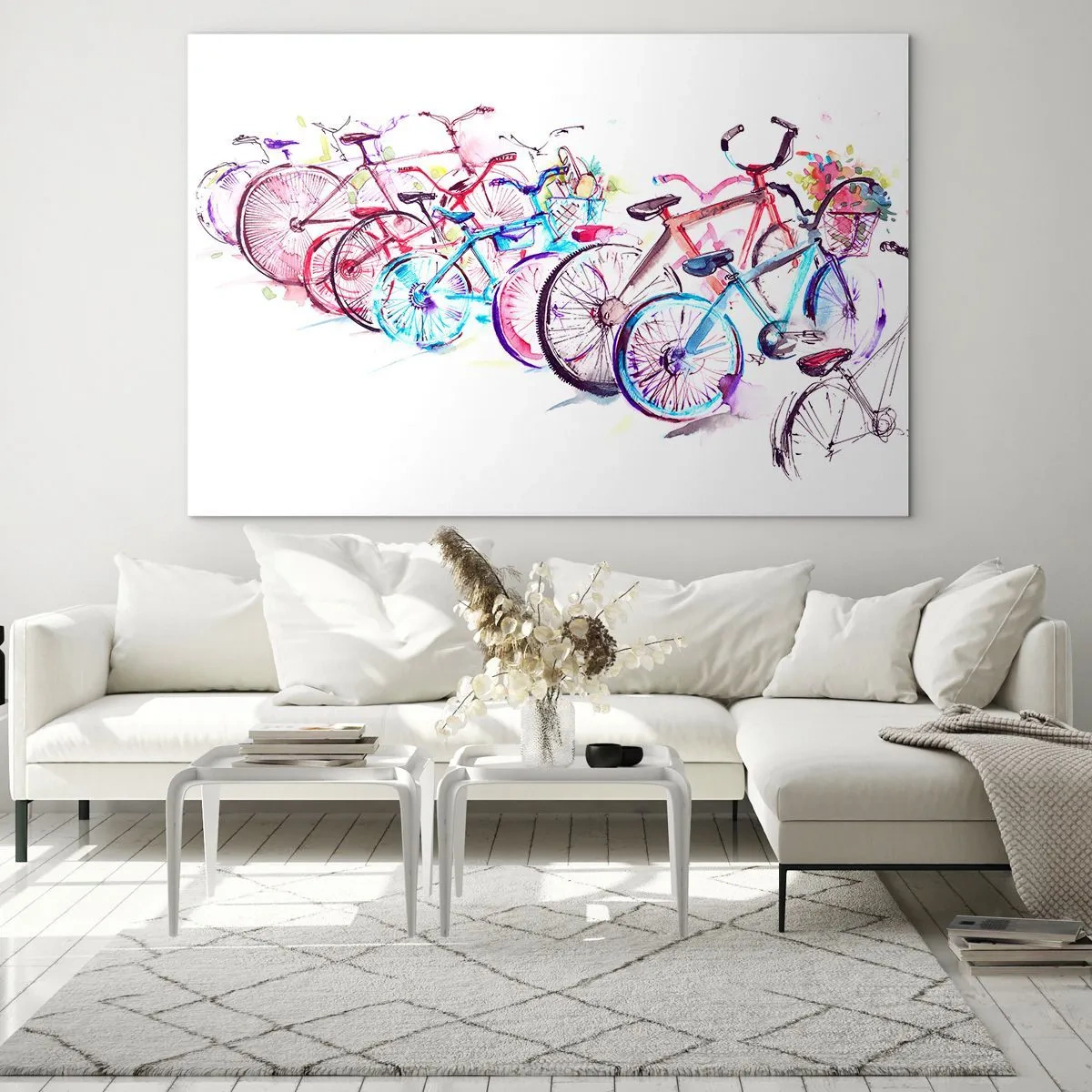 Glasbild - Bild auf glas - Bunte Fahrräder im Aquarellstil - 100x70cm - Kongress des Antimoto-Clubs - Moderne Wanddekoration für Wohnzimmer und Schlafzimmer ARTTOR
