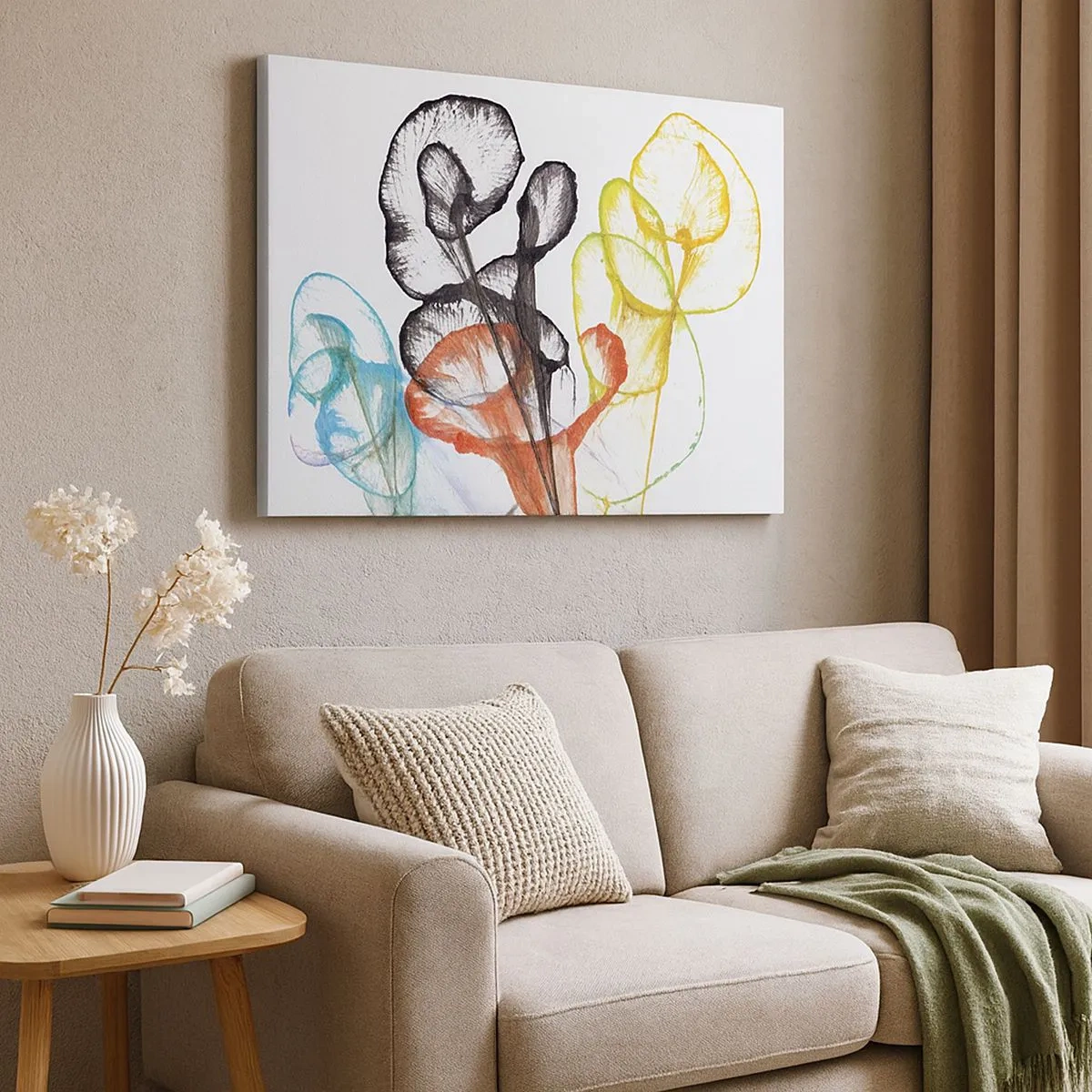 Bild auf Leinwand - Leinwandbild - Bunte transparente Blumen auf weißem Hintergrund - 70x50cm - Blumen mit Seele - Moderne Wanddekoration für Wohnzimmer und Schlafzimmer ARTTOR