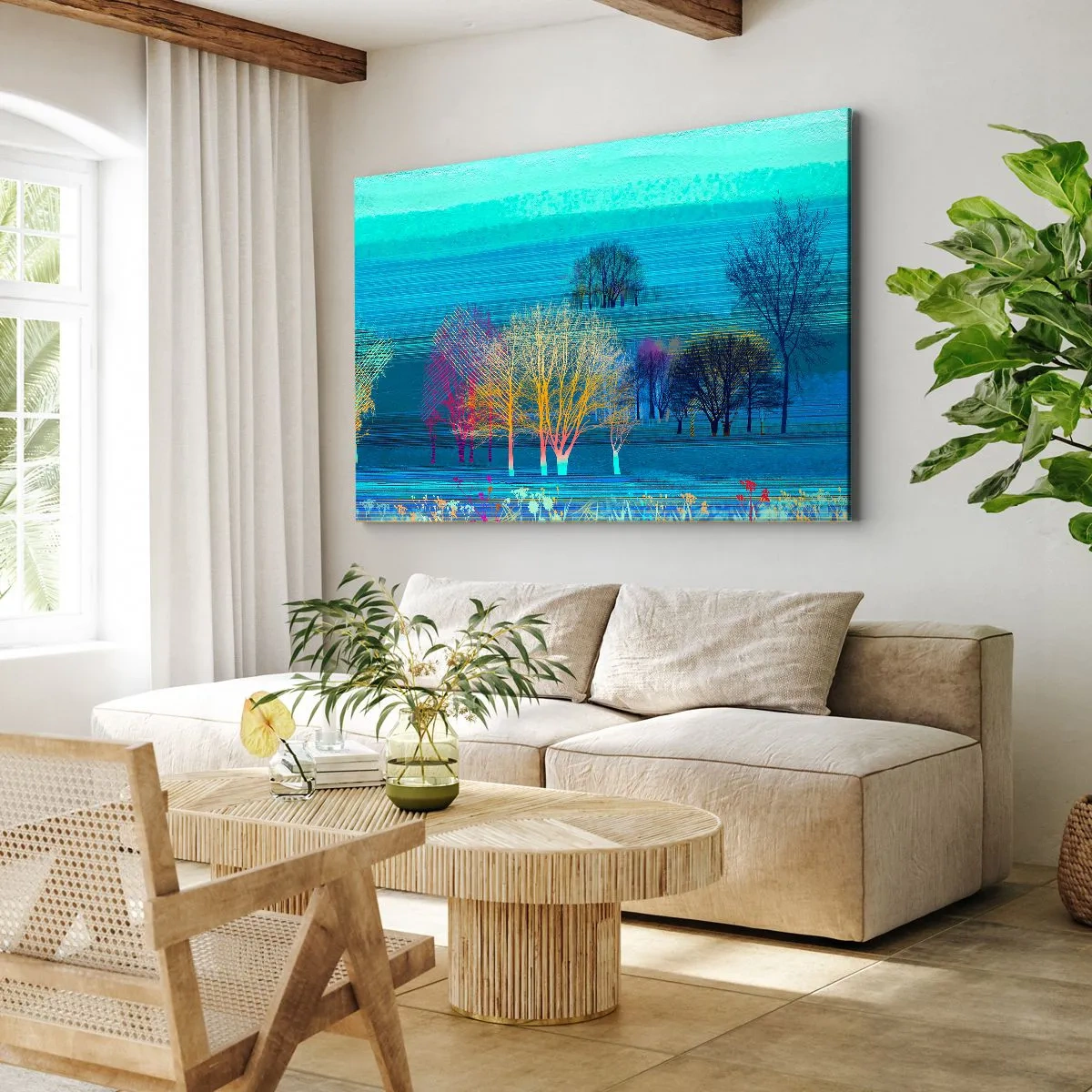 Bild auf Leinwand - Leinwandbild - Bunte Bäume vor einer blauen, minimalistischen Landschaft - 100x70cm - Eine gekämmte Landschaft - Moderne Wanddekoration für Wohnzimmer und Schlafzimmer ARTTOR