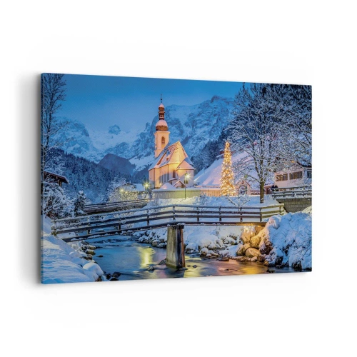 Bild auf Leinwand - Leinwandbild - Winterlandschaft mit Kirche, Brücke und Bergen in der Abenddämmerung - 120x80cm - Weihnachtsgeist - Moderne Wanddekoration für Wohnzimmer und Schlafzimmer ARTTOR