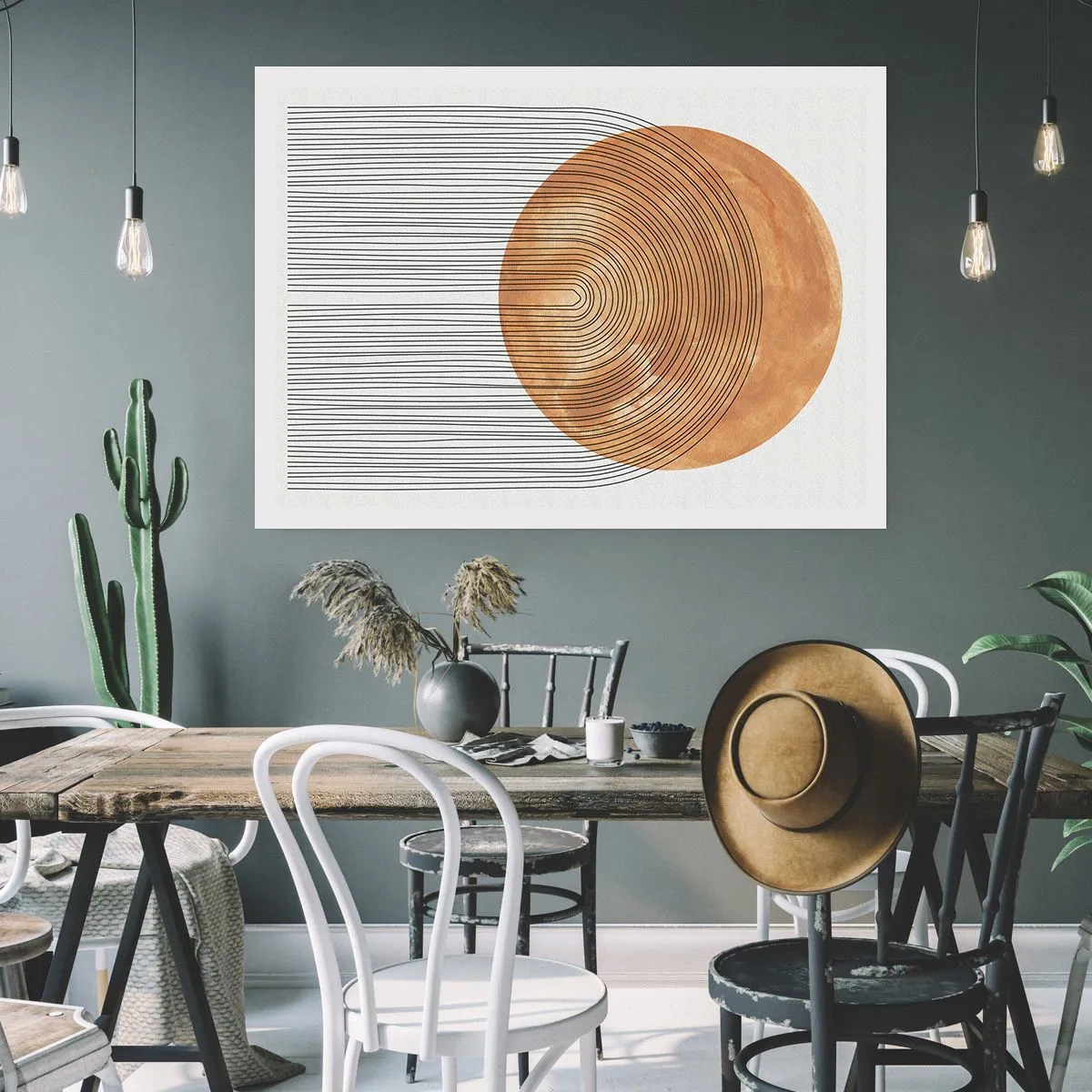 Poster - Geometrische Komposition mit Kreisen und Linien in warmen Farben. - 100x70cm - SonnenKomposition - Moderne Wanddekoration für Wohnzimmer und Schlafzimmer ARTTOR