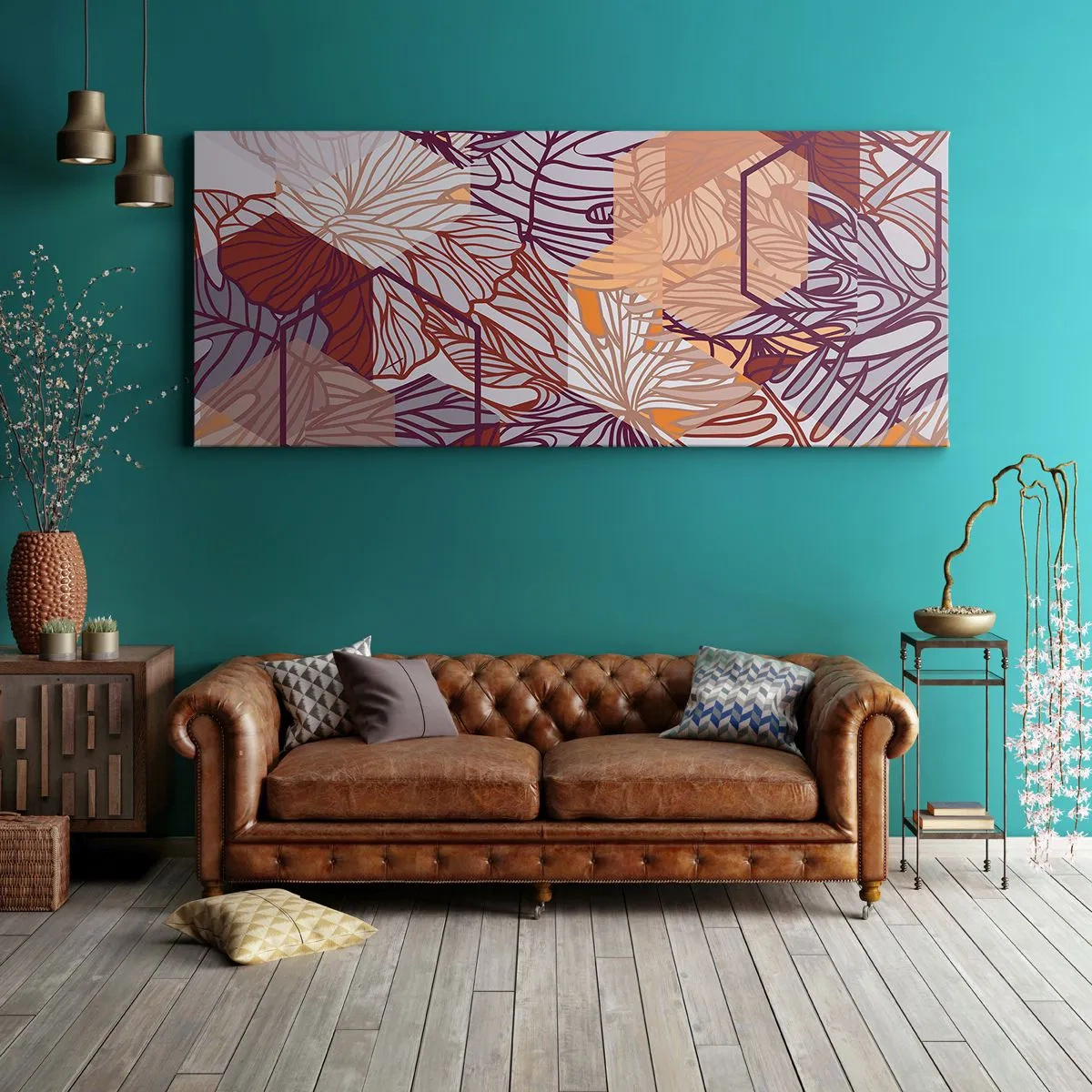 Bild auf Leinwand - Leinwandbild - Ein dekoratives tropisches Blattmuster in Lila-, Orange- und Beigetönen. - 120x50cm - Unmögliche Beziehung zwischen Geometrie und Natur - Moderne Wanddekoration für Wohnzimmer und Schlafzimmer ARTTOR