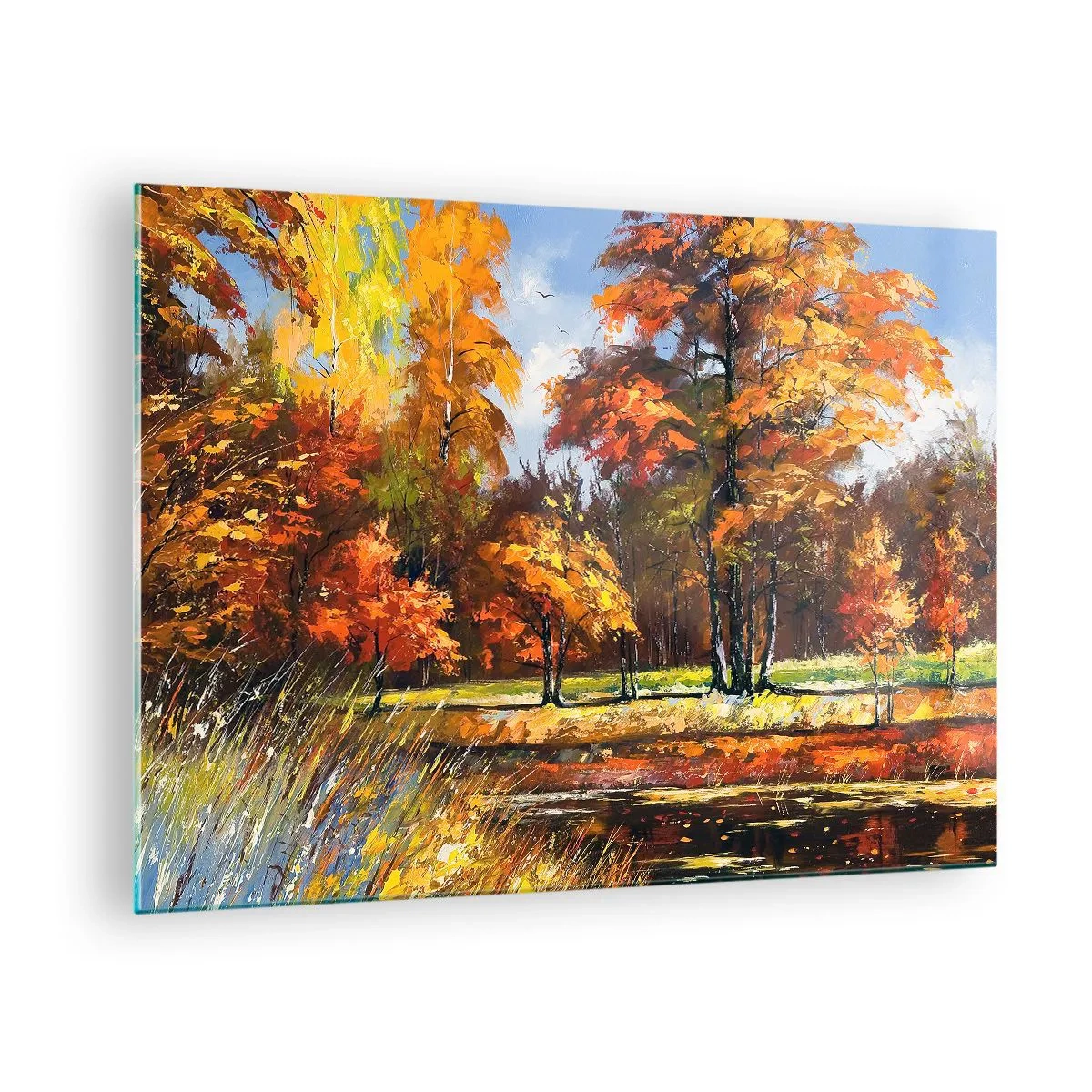 Glasbild - Bild auf glas - Herbstlandschaft mit Bäumen und Spiegelung im Wasser - 70x50cm - Landschaft in Gold und Bronze - Moderne Wanddekoration für Wohnzimmer und Schlafzimmer ARTTOR