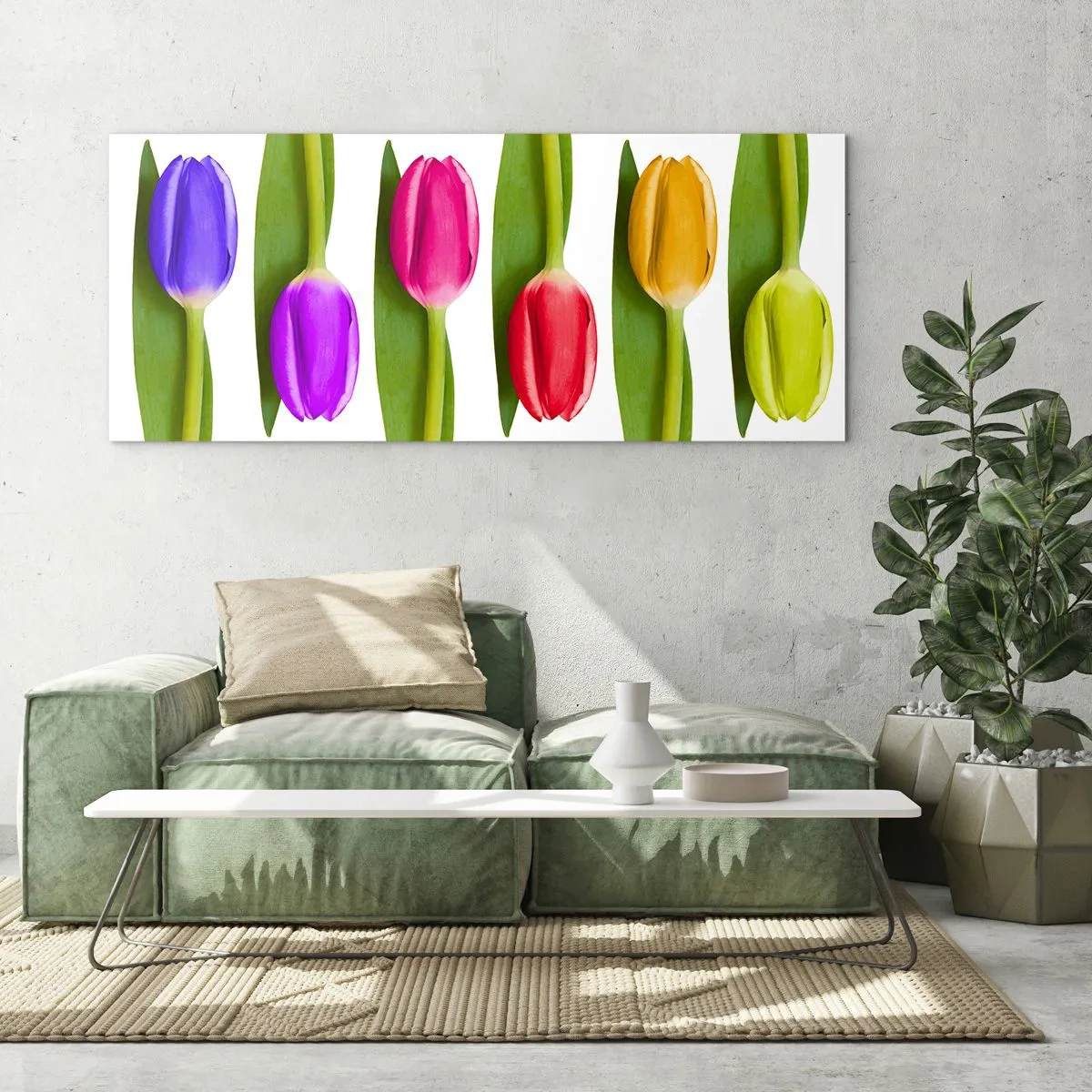 Glasbild - Bild auf glas - Bunte Tulpen in einer Reihe auf weißem Hintergrund angeordnet - 140x50cm - Regenbogenkomposition - Moderne Wanddekoration für Wohnzimmer und Schlafzimmer ARTTOR