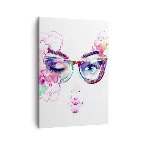 Bild auf Leinwand - Leinwandbild - Aquarellgesicht mit bunten Gläsern und Blumen - 50x70cm - Ein verlockendes Versprechen - Moderne Wanddekoration für Wohnzimmer und Schlafzimmer ARTTOR