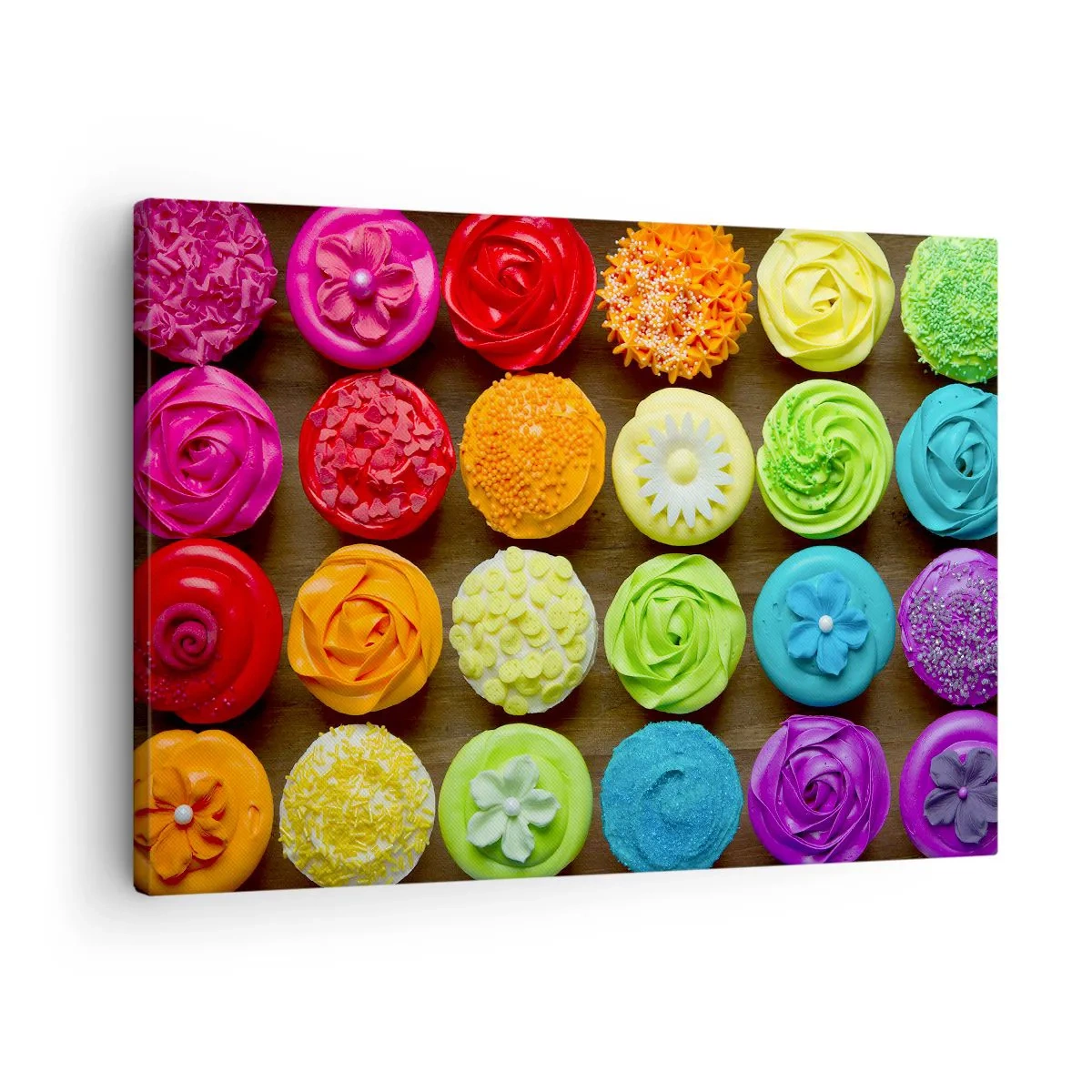 Bild auf Leinwand - Leinwandbild - Bunte Cupcakes mit pastellfarbenen Verzierungen - 70x50cm - Alles andere - alles lecker - Moderne Wanddekoration für Wohnzimmer und Schlafzimmer ARTTOR