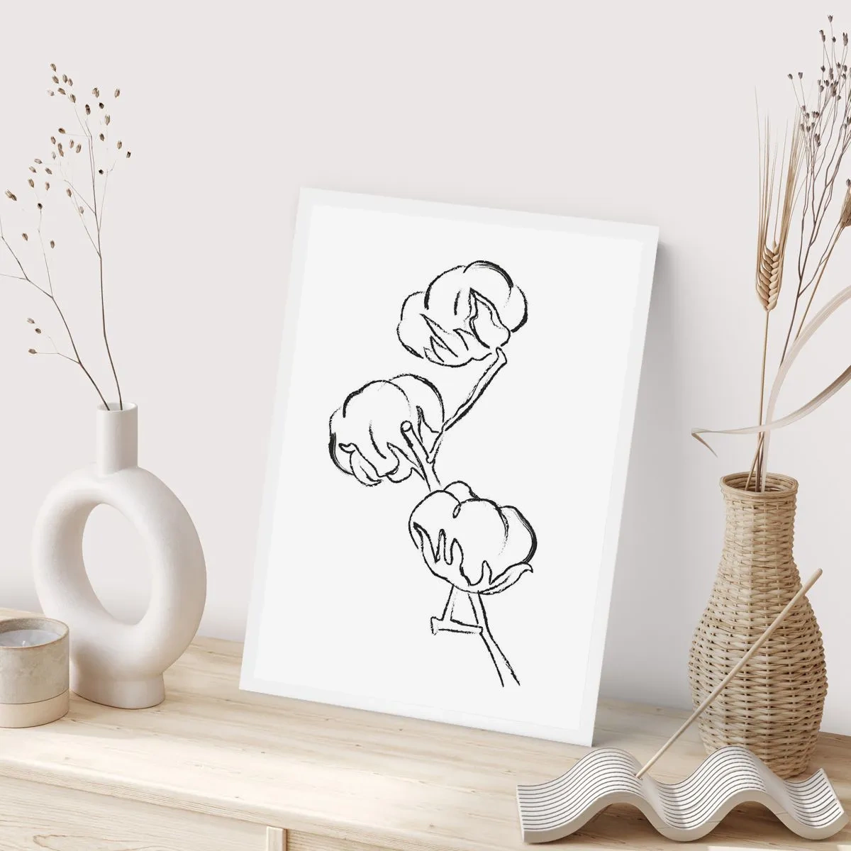 Poster - Eine minimalistische Skizze eines Baumwollzweigs - 50x70cm - Baumwolldaunen - Moderne Wanddekoration für Wohnzimmer und Schlafzimmer ARTTOR