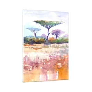 Glasbild - Bild auf glas - Aquarell Savannenlandschaft mit Bäumen und Vegetation - 50x70cm - Savannah-Farben - Moderne Wanddekoration für Wohnzimmer und Schlafzimmer ARTTOR