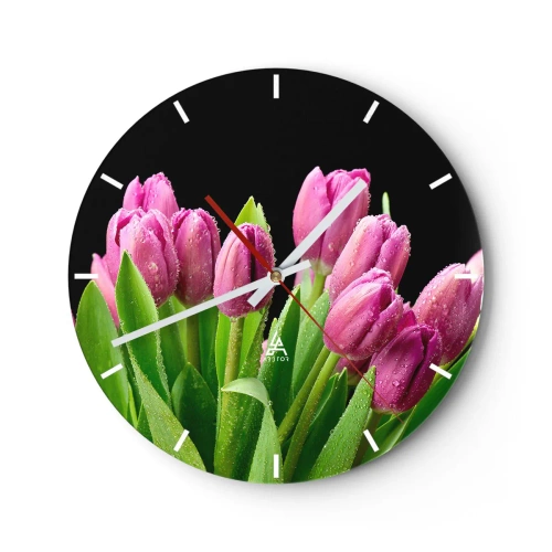 Wanduhr - Glasuhr - Ein Strauß rosa Tulpen mit Tautropfen auf dunklem Hintergrund - 30x30cm - Lila Frühlingsfreude - Moderne Wanddekoration für Wohnzimmer, Küche und Schlafzimmer ARTTOR
