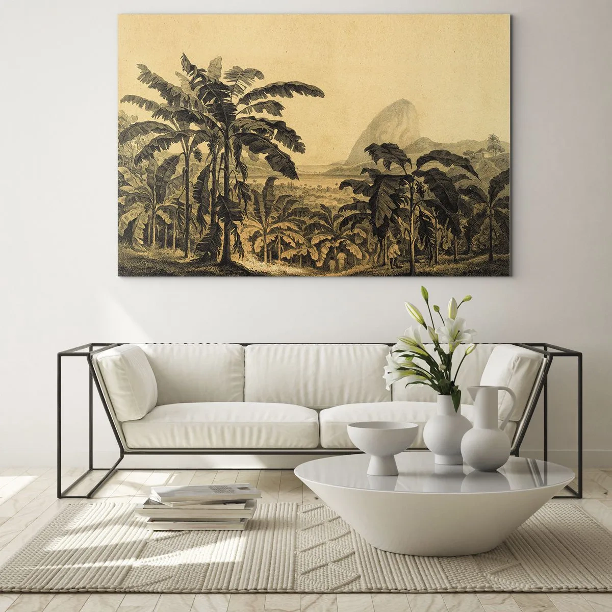 Glasbild - Bild auf glas - Eine Vintage-Illustration einer Bananenplantage mit einem entfernten Berg im Hintergrund. - 120x80cm - in einem kolonialen Klima - Moderne Wanddekoration für Wohnzimmer und Schlafzimmer ARTTOR