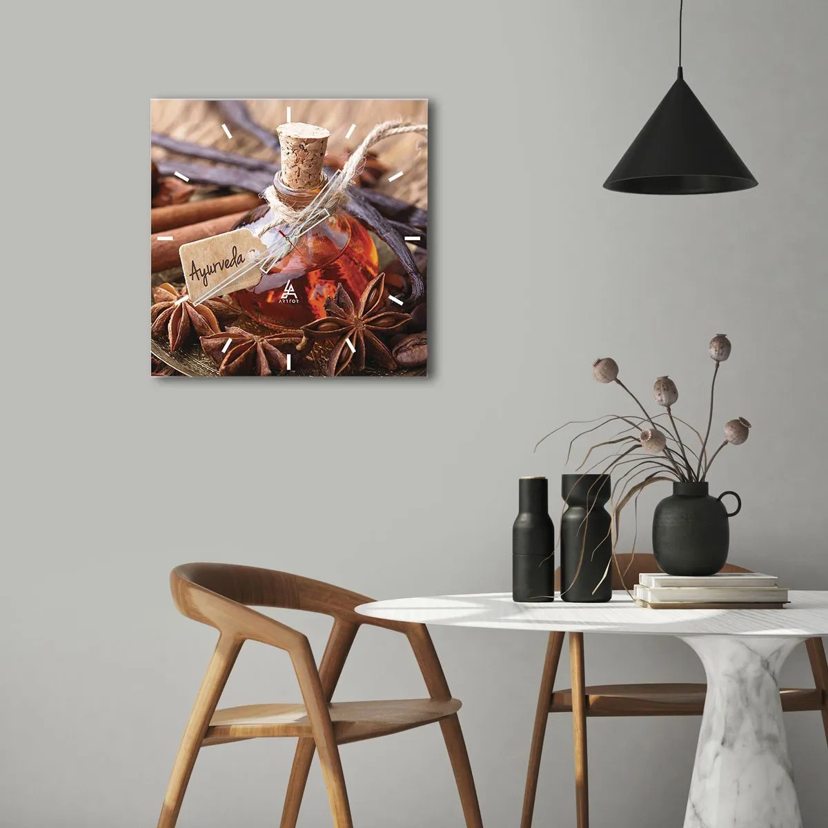 Wanduhr - Glasuhr - Eine Flasche Gewürzöl auf einem Tablett - 30x30cm - Zur Einheit von Körper und Geist - Moderne Wanddekoration für Wohnzimmer und Schlafzimmer ARTTOR