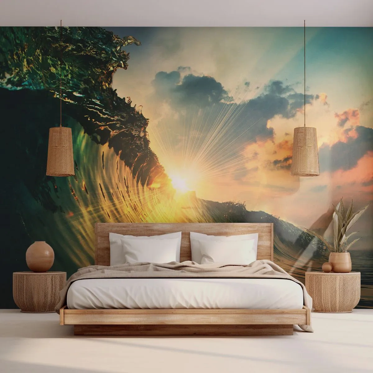 Selbstklebende Fototapete Deluxe Sticker - Surfer, wo bist du? - Meereswelle, Sonnenstrahlen, Natur - 350x256 cm