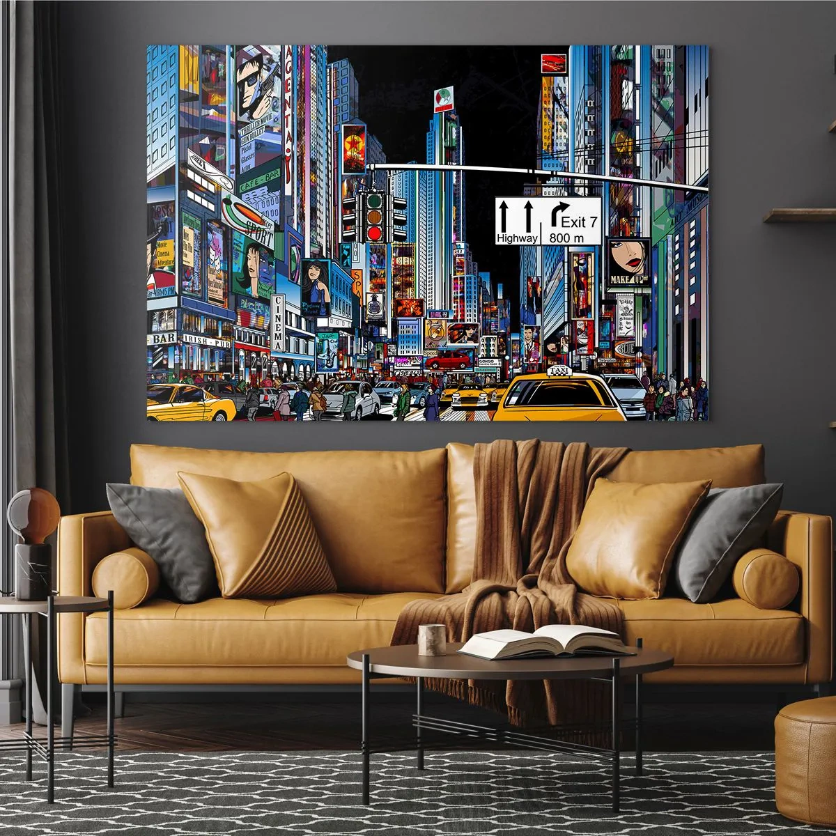 Glasbild - Bild auf glas - Eine belebte Straße mit gelben Taxis und Neonschildern - 120x80cm - Comicbuch große Nacht - Moderne Wanddekoration für Wohnzimmer und Schlafzimmer ARTTOR