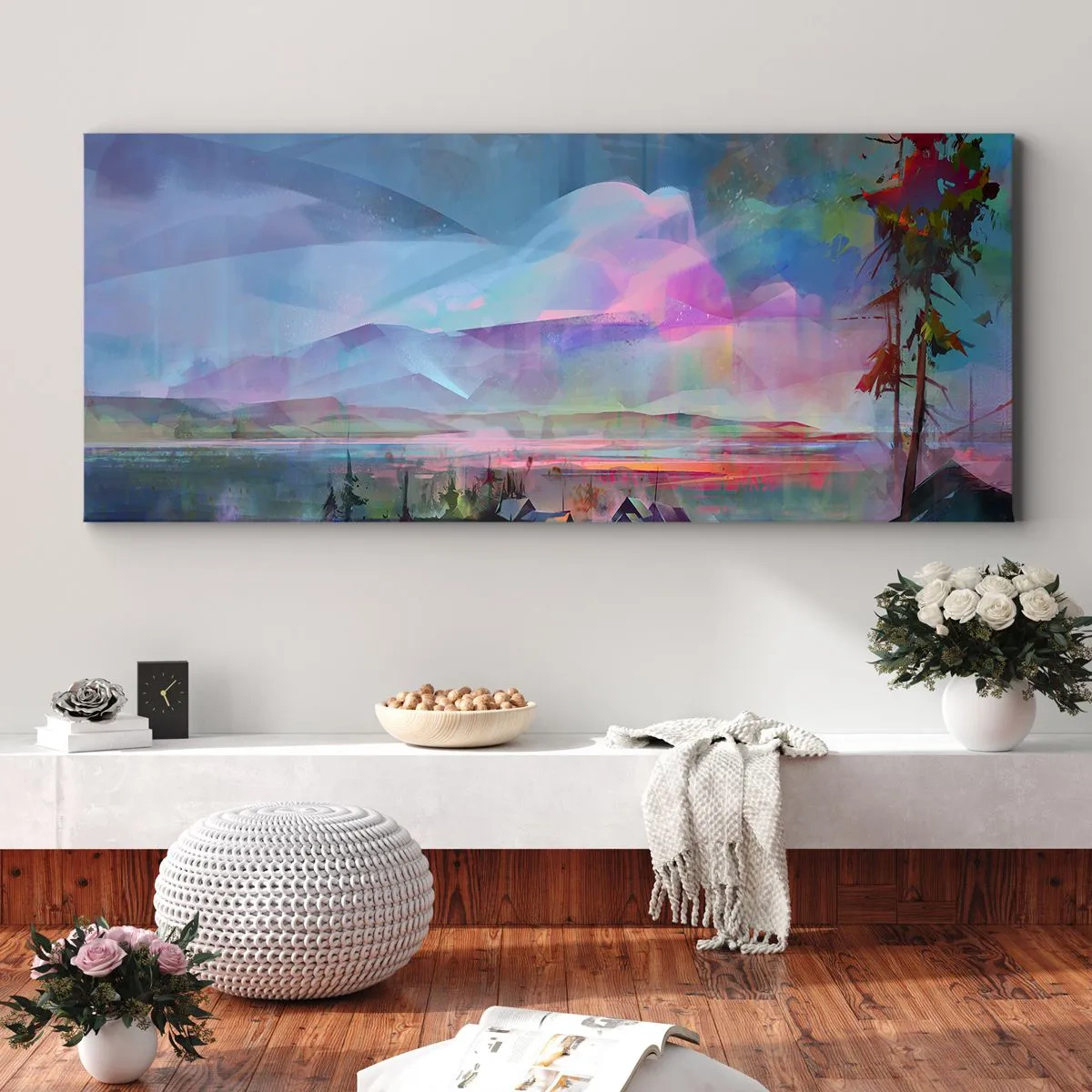 Bild auf Leinwand - Leinwandbild - Berglandschaft mit buntem Himmel und einem Dorf - 140x50cm - Unter einem wohlwollenden Himmel - Moderne Wanddekoration für Wohnzimmer und Schlafzimmer ARTTOR