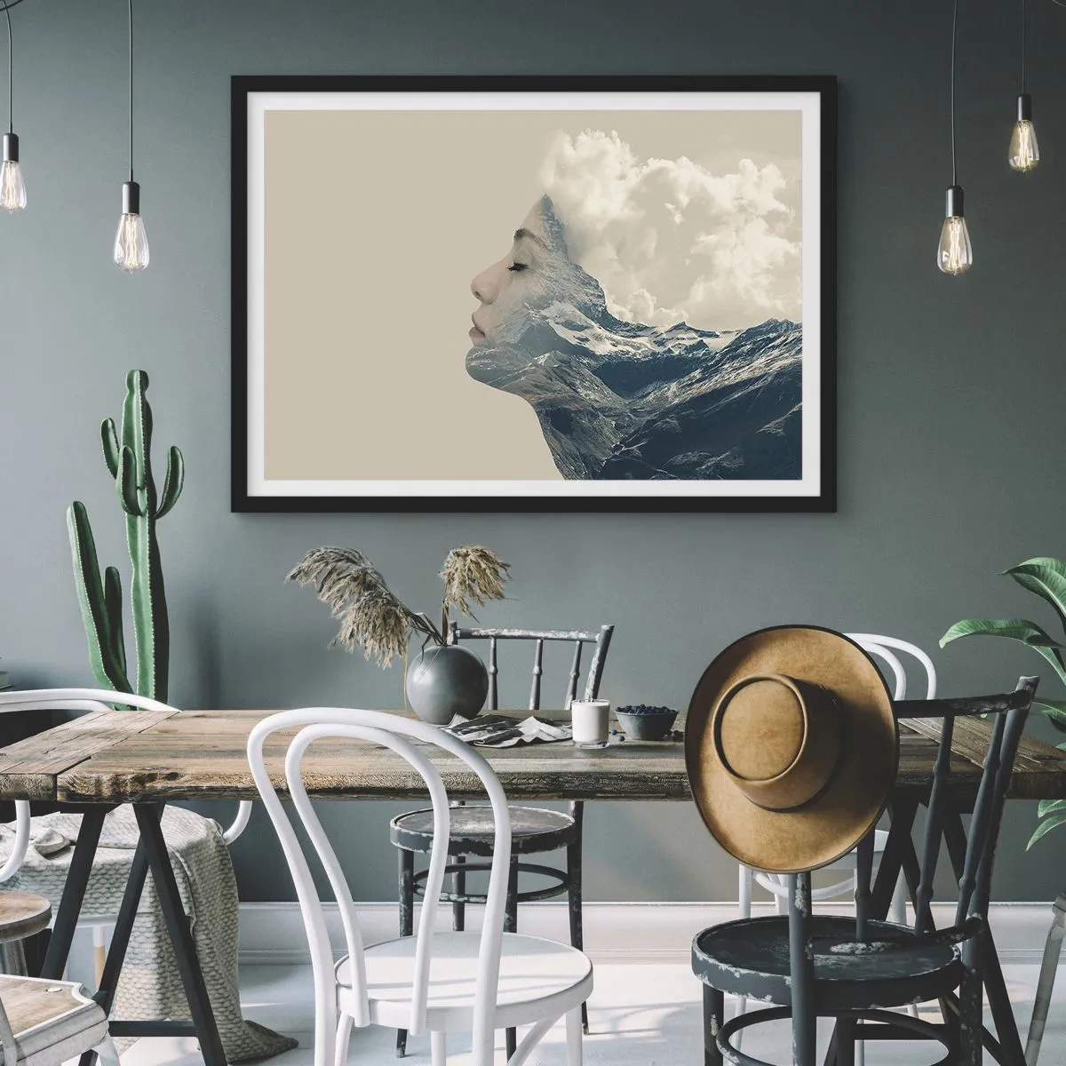 Poster in einem schwarzem Rahmen - Silhouette einer Frau mit einer Berglandschaft im Hintergrund - 100x70cm - Die Schönheit der Elemente der Natur - Moderne Wanddekoration für Wohnzimmer und Schlafzimmer ARTTOR
