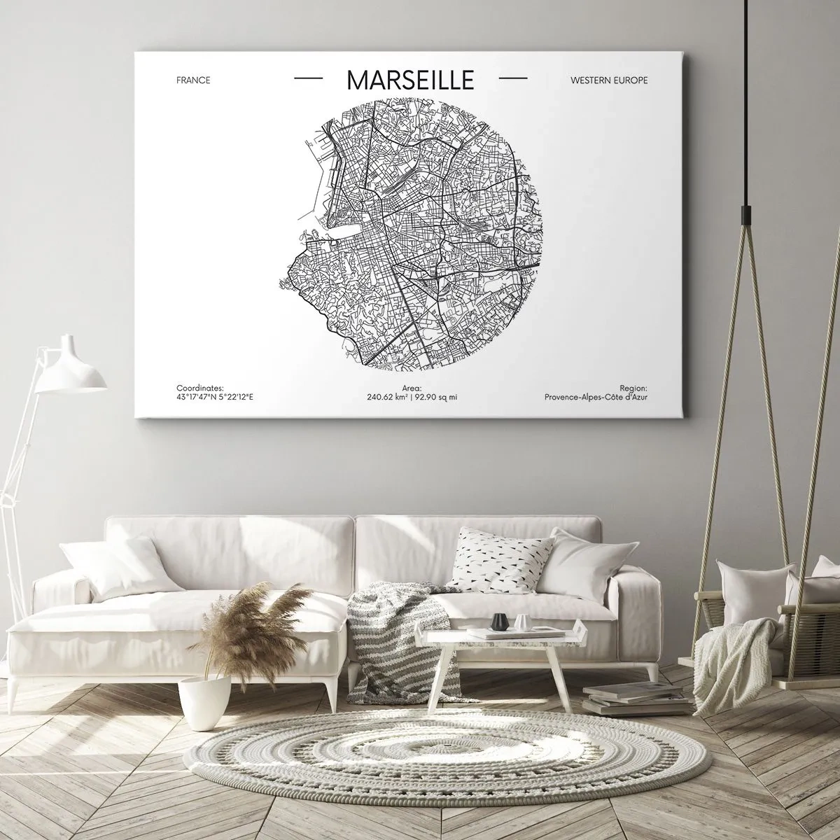Bild auf Leinwand - Leinwandbild - Karte von Marseille im minimalistischen Stil - 100x70cm - Anatomie von Marseille - Moderne Wanddekoration für Wohnzimmer und Schlafzimmer ARTTOR