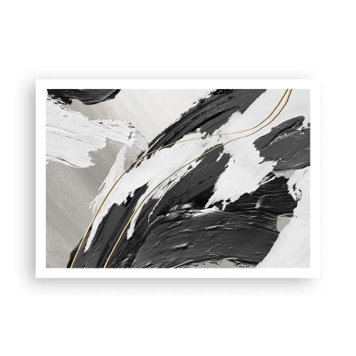 Poster - Schwarze und weiße Pinselstriche mit einem subtilen goldenen Akzent - 100x70cm - Abstraktion in großem Stil - Moderne Wanddekoration für Wohnzimmer und Schlafzimmer ARTTOR