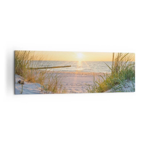 Bild auf Leinwand - Leinwandbild - Ein Sandstrand mit Blick auf den Sonnenuntergang über dem Meer - 160x50cm - Das Rauschen des Meeres, der Gesang der Vögel, ein wilder Strand im Gras ... - Moderne Wanddekoration für Wohnzimmer und Schlafzimmer ARTTOR