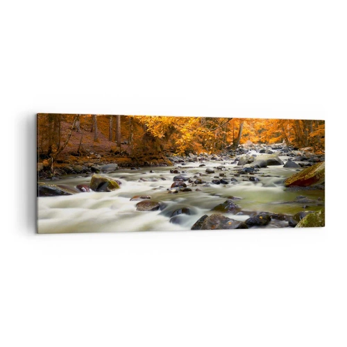 Bild auf Leinwand - Leinwandbild - Ein Bach in einem herbstlichen Wald, umgeben von goldenen Blättern - 140x50cm - Ein Bach in einem goldenen Wald - Moderne Wanddekoration für Wohnzimmer und Schlafzimmer ARTTOR