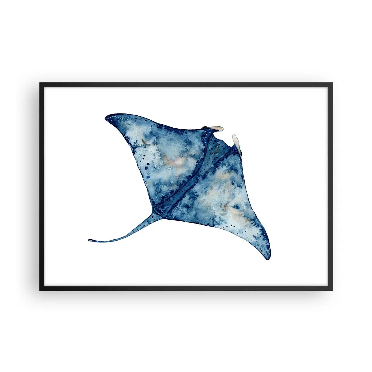 Poster in einem schwarzem Rahmen - Blauer Stachelrochen im Aquarellstil auf weißem Hintergrund - 100x70cm - Leben im Blau - Moderne Wanddekoration für Wohnzimmer und Schlafzimmer ARTTOR