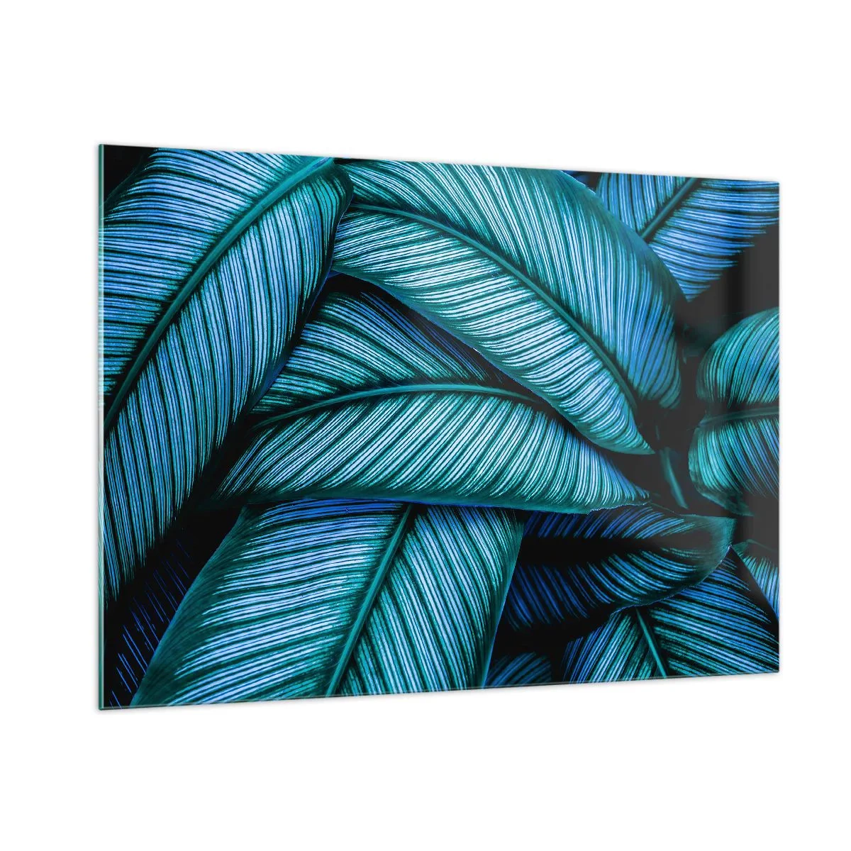 Glasbild - Bild auf glas - Eine Nahaufnahme von türkisfarbenen Blättern mit intensiver Textur. - 100x70cm - Lebenslinien - Moderne Wanddekoration für Wohnzimmer und Schlafzimmer ARTTOR
