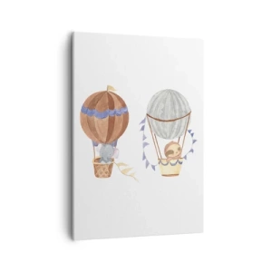 Bild auf Leinwand - Leinwandbild - Niedliche Tiere in Luftballons auf weißem Hintergrund - 50x70cm - Freunde auf Reise - Moderne Wanddekoration für Wohnzimmer und Schlafzimmer ARTTOR