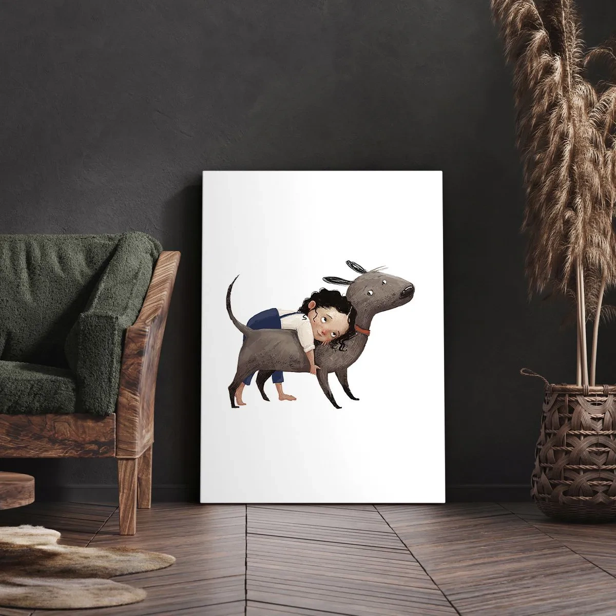 Bild auf Leinwand - Leinwandbild - Cartoonartige Illustration eines Kindes, das einen Hund umarmt - 50x70cm - Beste Freunde - Moderne Wanddekoration für Wohnzimmer und Schlafzimmer ARTTOR