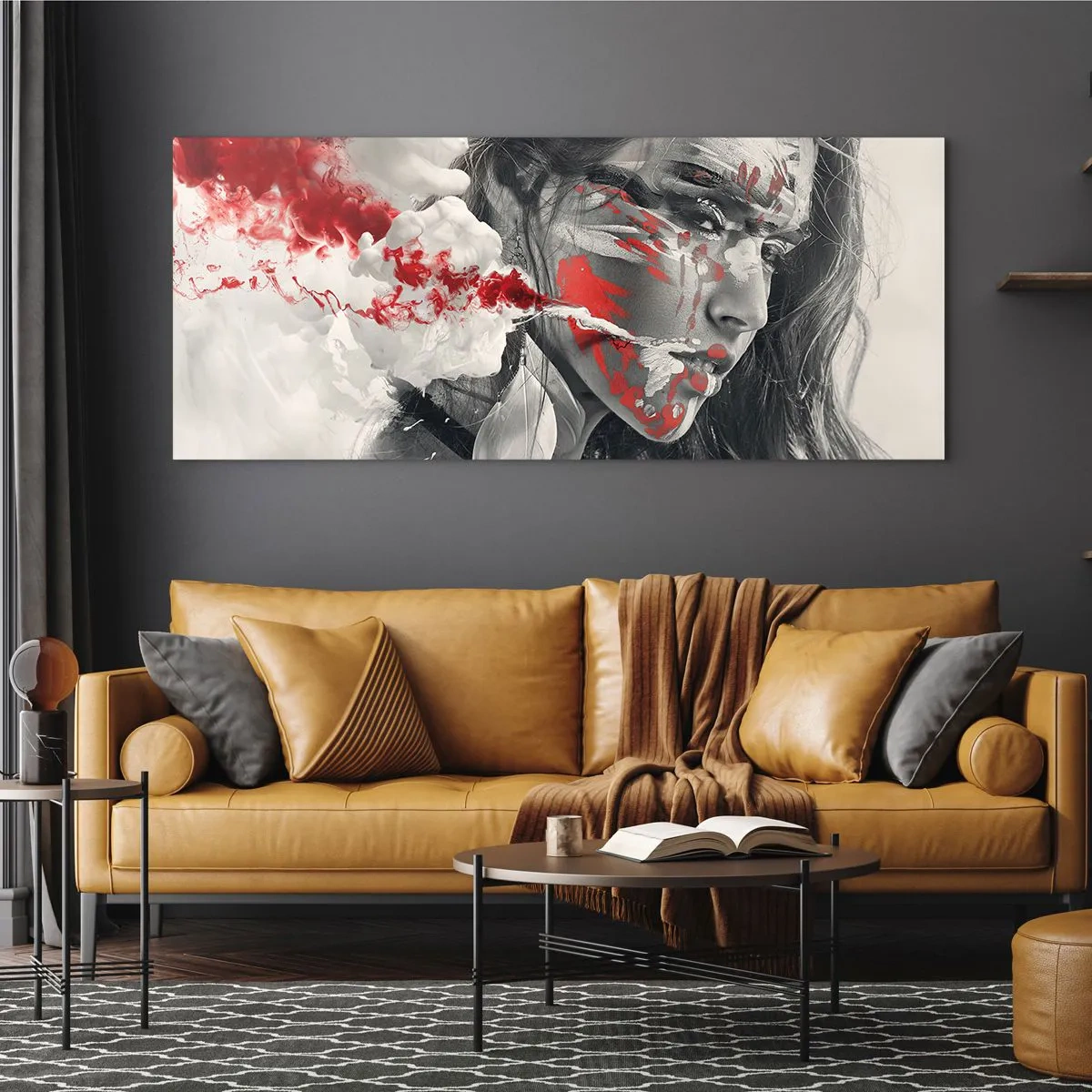 Glasbild - Bild auf glas - Künstlerisches Frauenportrait mit abstrakten roten Akzenten - 120x50cm - Im Dunst der Absurdität - Moderne Wanddekoration für Wohnzimmer und Schlafzimmer ARTTOR