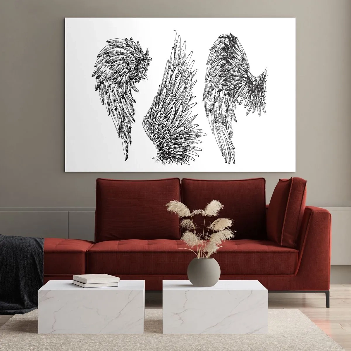 Glasbild - Bild auf glas - Engelsflügel in künstlerischer Schwarz-Weiß-Grafik - 70x50cm - Und du kannst ein Engel werden - Moderne Wanddekoration für Wohnzimmer und Schlafzimmer ARTTOR