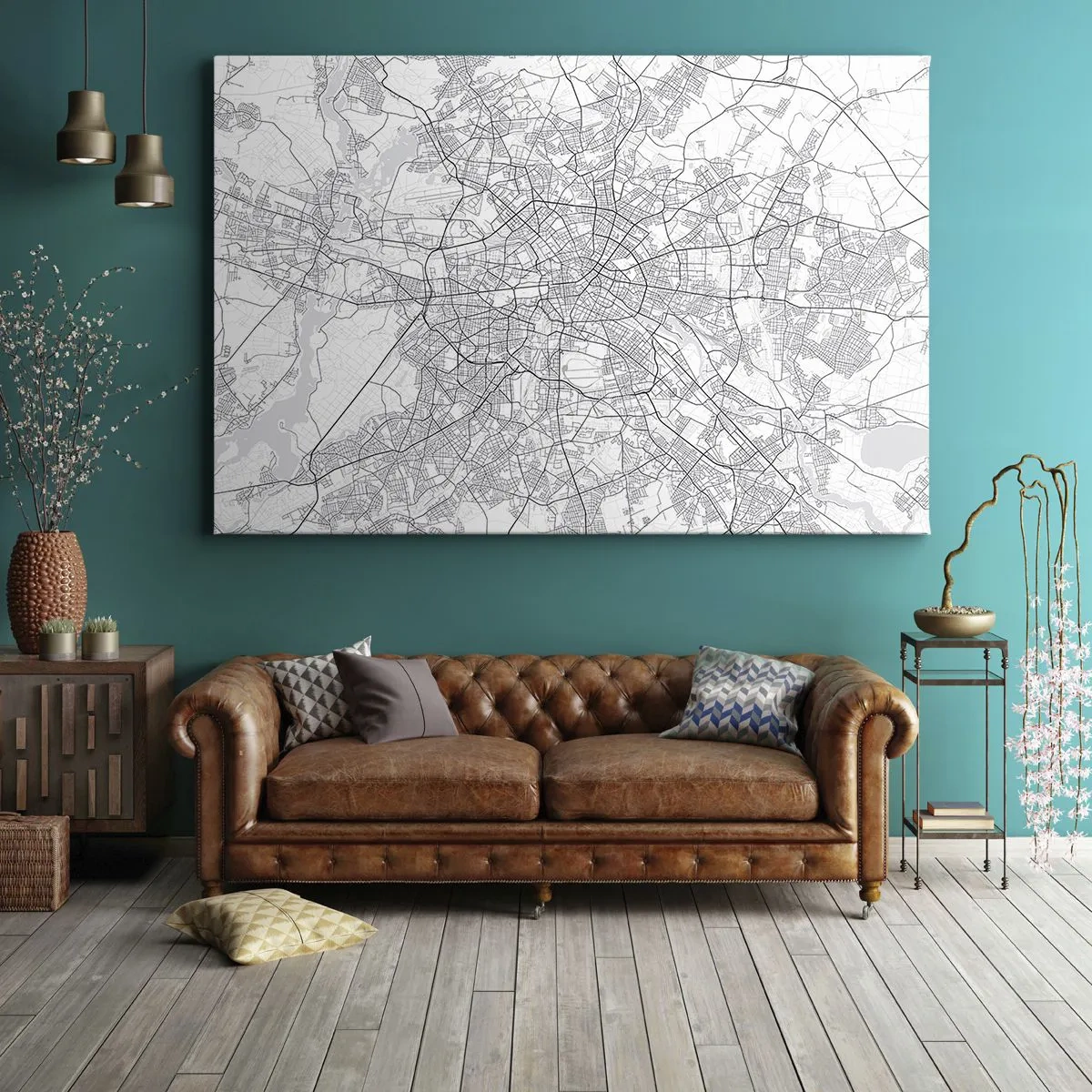 Bild auf Leinwand - Leinwandbild - Detaillierter schwarz-weißer Stadtplan - 120x80cm - Berliner Blume - Moderne Wanddekoration für Wohnzimmer und Schlafzimmer ARTTOR