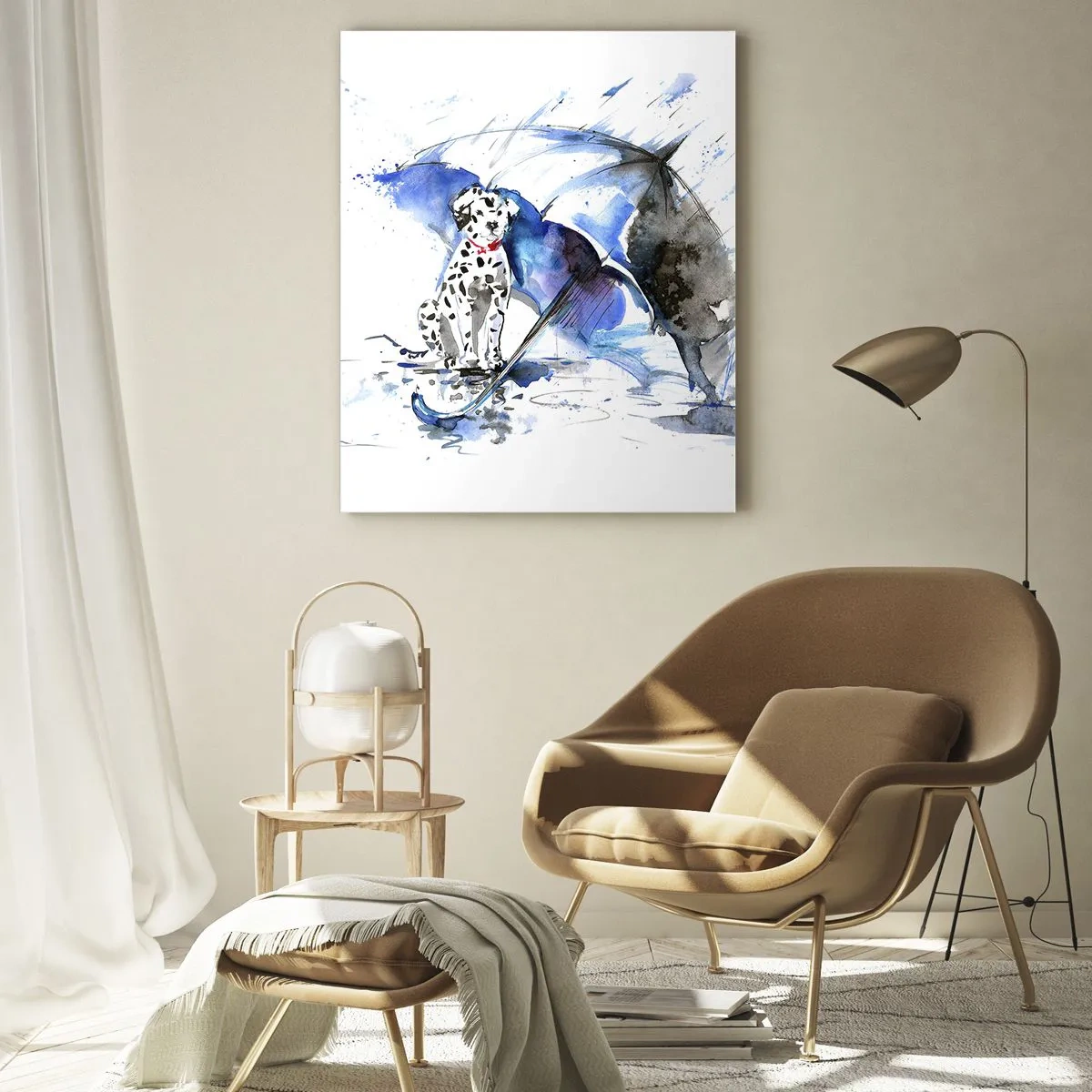 Glasbild - Bild auf glas - Aquarellmalerei eines Dalmatiners mit einem Regenschirm im Hintergrund - 80x120cm - Dafür ist ein Freund da - Moderne Wanddekoration für Wohnzimmer und Schlafzimmer ARTTOR
