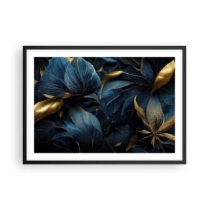 Poster in einem schwarzem Rahmen - Elegante Blätter in Gold- und Marineblautönen - 70x50cm - Mit Gold gefüttert - Moderne Wanddekoration für Wohnzimmer und Schlafzimmer ARTTOR