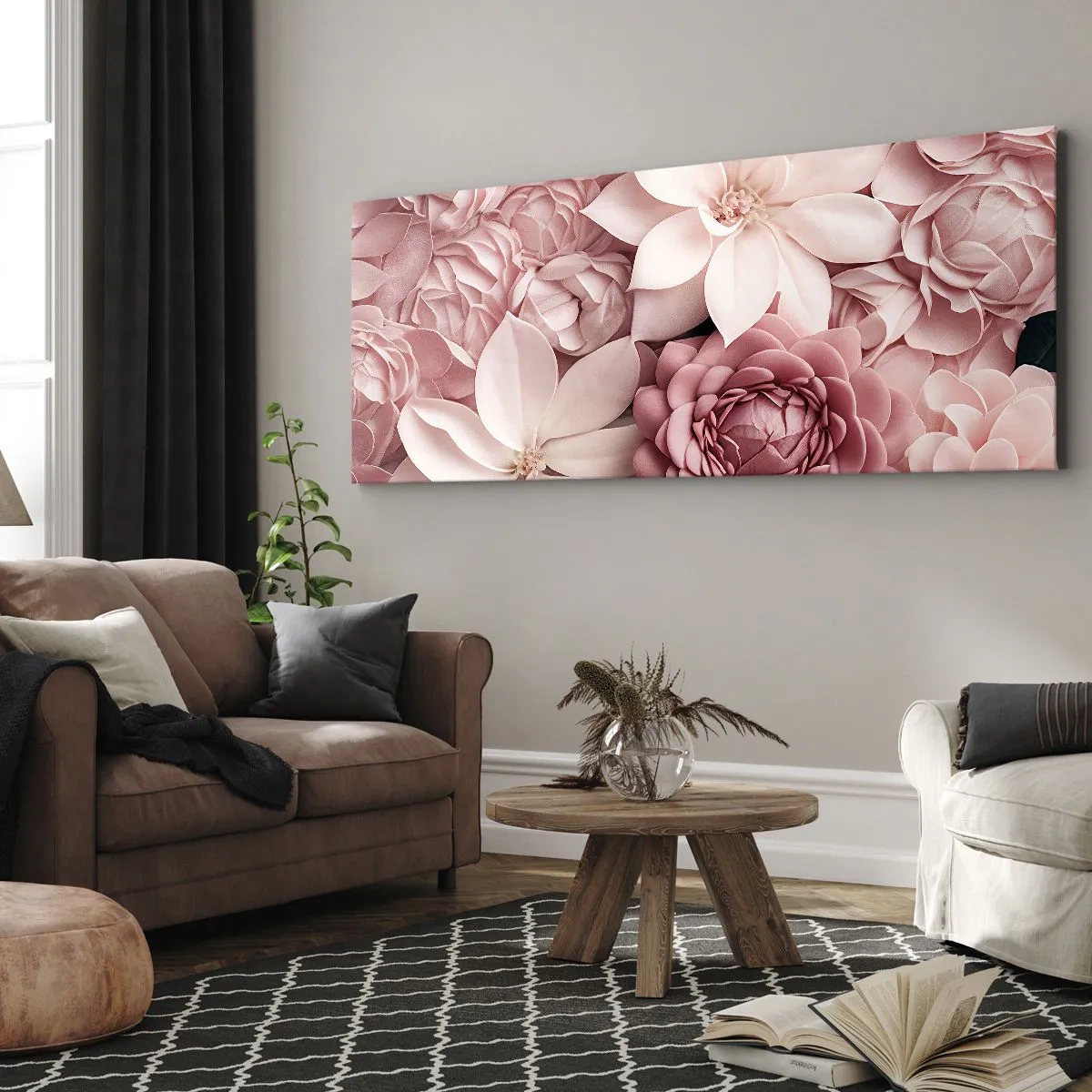 Bild auf Leinwand - Leinwandbild - Blumen in Rosa- und Weißtönen in künstlerischer Umsetzung - 120x50cm - In rosa Blütenblättern - Moderne Wanddekoration für Wohnzimmer und Schlafzimmer ARTTOR