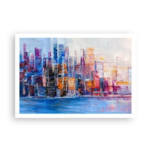 Poster - Ein farbenfrohes Panorama der Stadt mit Spiegelungen auf dem Wasser - 100x70cm - Fröhliche Metropole - Moderne Wanddekoration für Wohnzimmer und Schlafzimmer ARTTOR