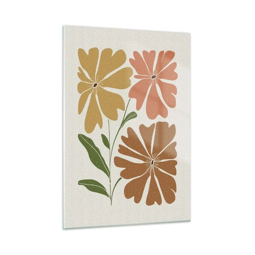 Glasbild - Bild auf glas - Drei stilisierte Blumen in warmen Farben auf hellem Hintergrund - 50x70cm - Natur und Geometrie - Moderne Wanddekoration für Wohnzimmer und Schlafzimmer ARTTOR