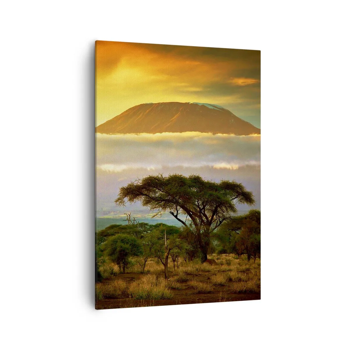 Bild auf Leinwand - Leinwandbild - Afrikanische Landschaft mit Kilimandscharo bei Sonnenaufgang - 70x100cm - Ein Reisetraum - Moderne Wanddekoration für Wohnzimmer und Schlafzimmer ARTTOR