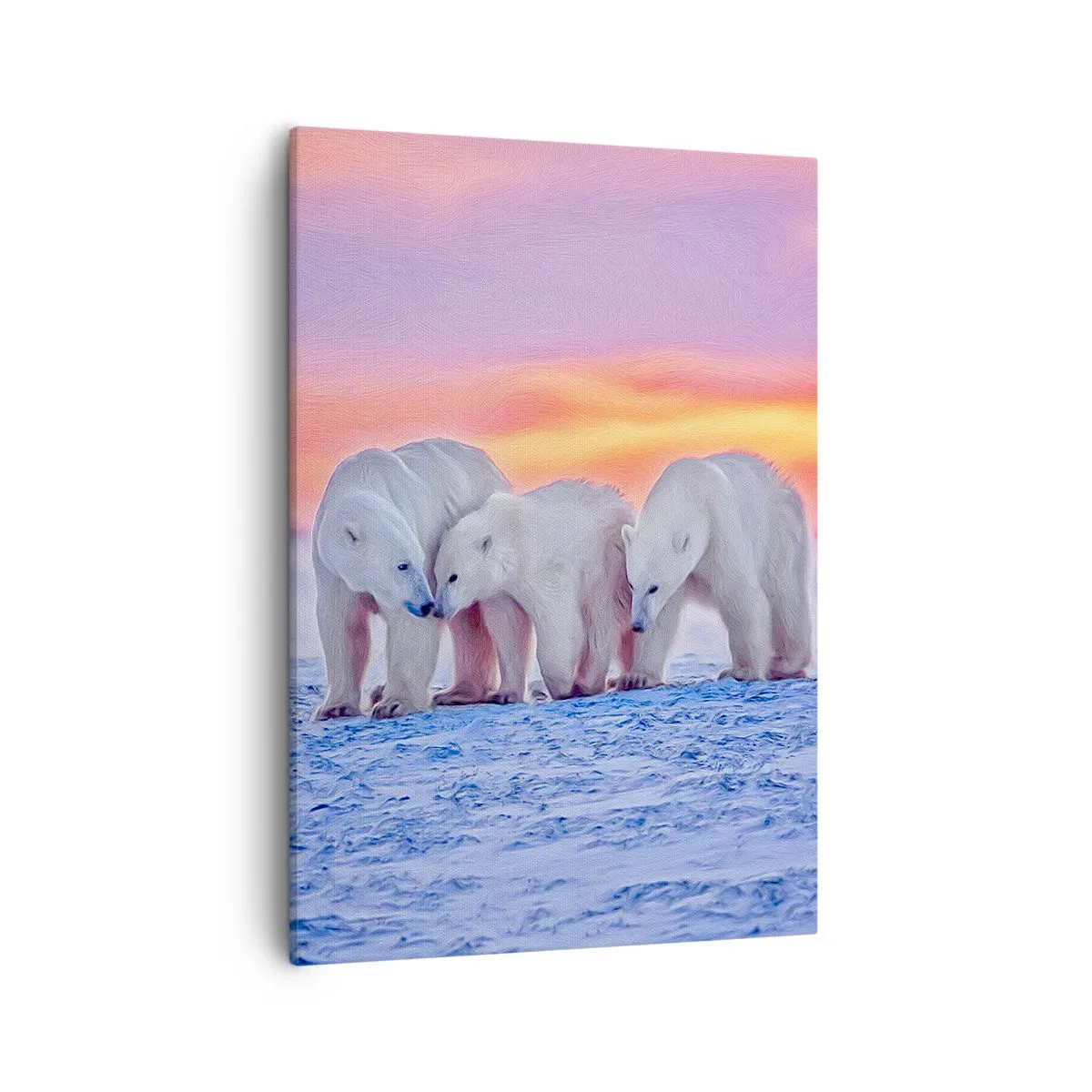 Bild auf Leinwand - Leinwandbild - Drei Eisbären vor dem Hintergrund eines arktischen Sonnenuntergangs - 50x70cm - Familienwärme ist genug - Moderne Wanddekoration für Wohnzimmer und Schlafzimmer ARTTOR