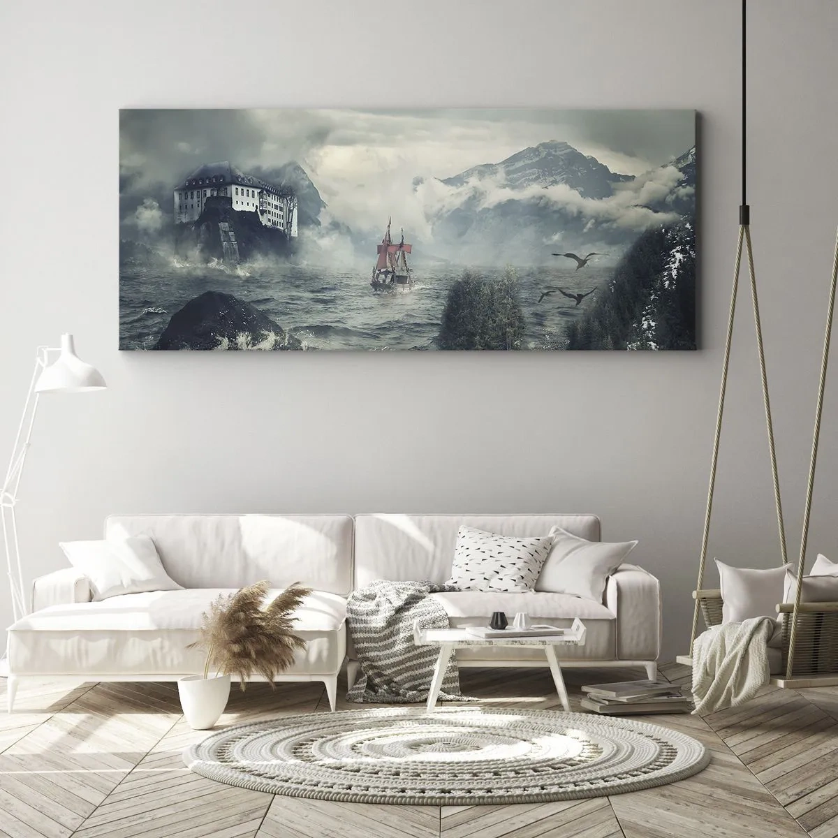 Bild auf Leinwand - Leinwandbild - Eine geheimnisvolle Landschaft mit einem Schloss, Bergen und einem Schiff - 160x50cm - In magischen Gewässern - Moderne Wanddekoration für Wohnzimmer und Schlafzimmer ARTTOR