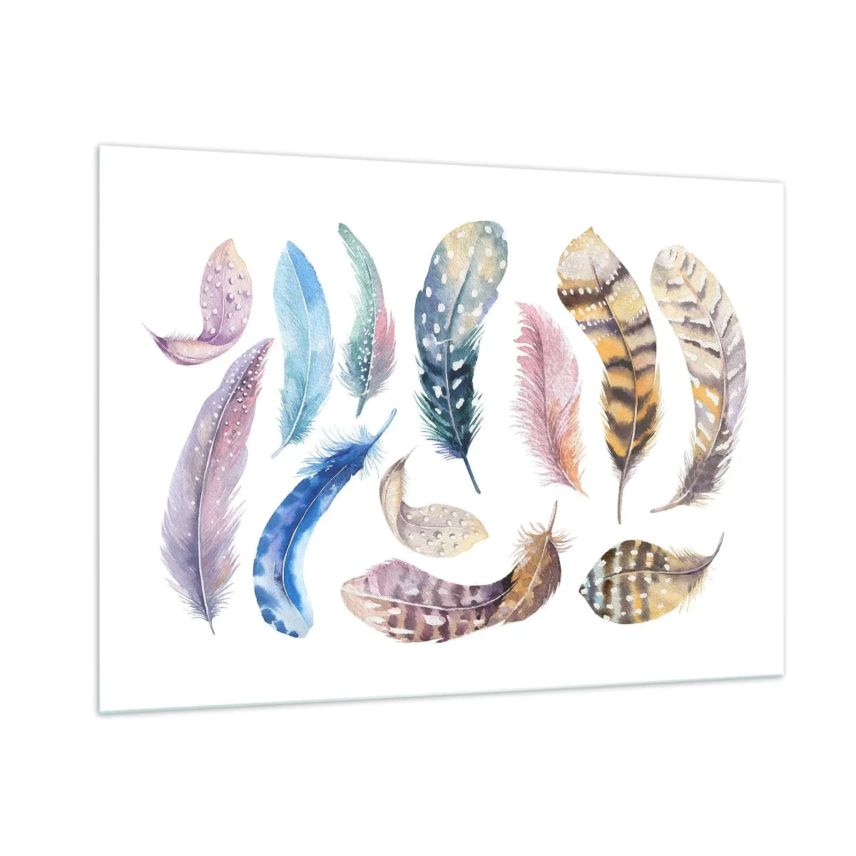Glasbild - Bild auf glas - Bunte Federn im künstlerischen Stil auf weißem Hintergrund - 100x70cm - Hell, bunt und bunt - Moderne Wanddekoration für Wohnzimmer und Schlafzimmer ARTTOR