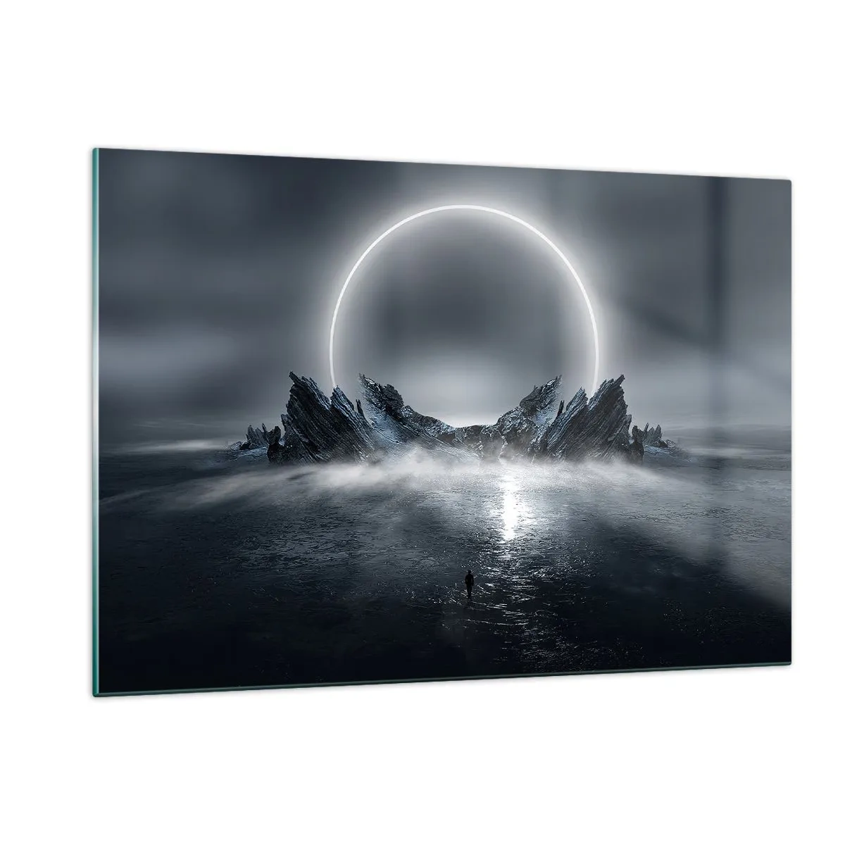 Glasbild - Bild auf glas - Dunkle Szene mit Sonnenfinsternis und felsiger Insel - 120x80cm - Ende der Geschichte - Moderne Wanddekoration für Wohnzimmer und Schlafzimmer ARTTOR