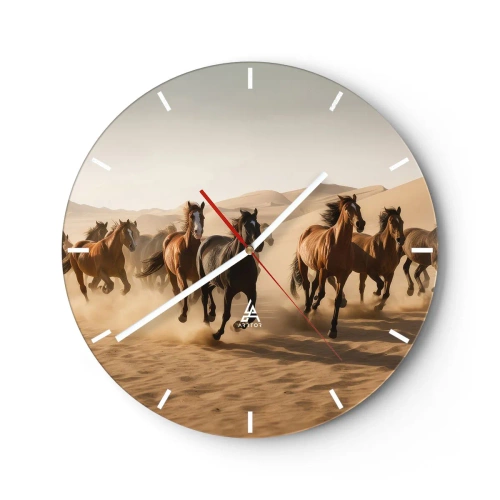 Wanduhr - Glasuhr - Galoppierende Pferde vor der Kulisse der Wüstendünen - 30x30cm - Frei wie der Wind - Moderne Wanddekoration für Wohnzimmer, Küche und Schlafzimmer ARTTOR