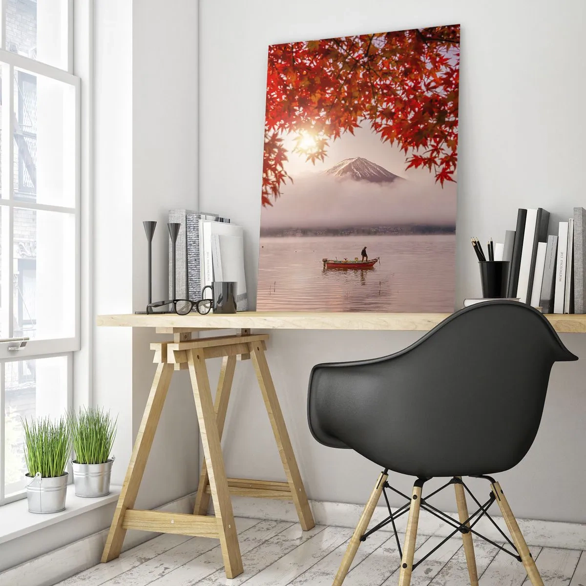 Glasbild - Bild auf glas - Der Fuji mit einem Boot auf einem See, umgeben von roten Blättern - 50x70cm - Im japanischen Klima - Moderne Wanddekoration für Wohnzimmer und Schlafzimmer ARTTOR