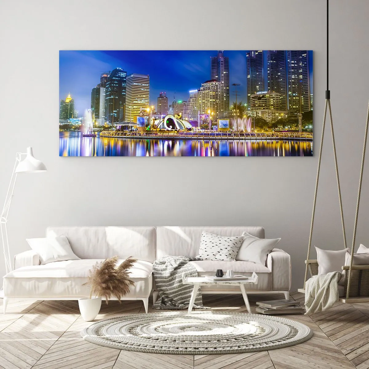 Glasbild - Bild auf glas - Metropolis bei Regenbogennacht - 90x30 cm