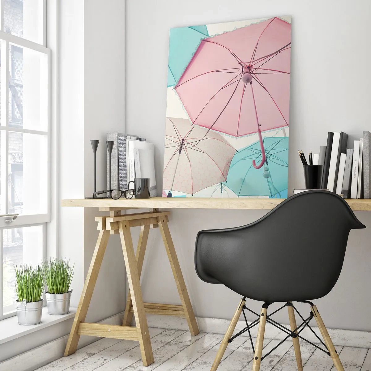 Glasbild - Bild auf glas - Bunte Regenschirme schweben in der Luft - 50x70cm - Mal Sonne, mal Regen - Moderne Wanddekoration für Wohnzimmer und Schlafzimmer ARTTOR
