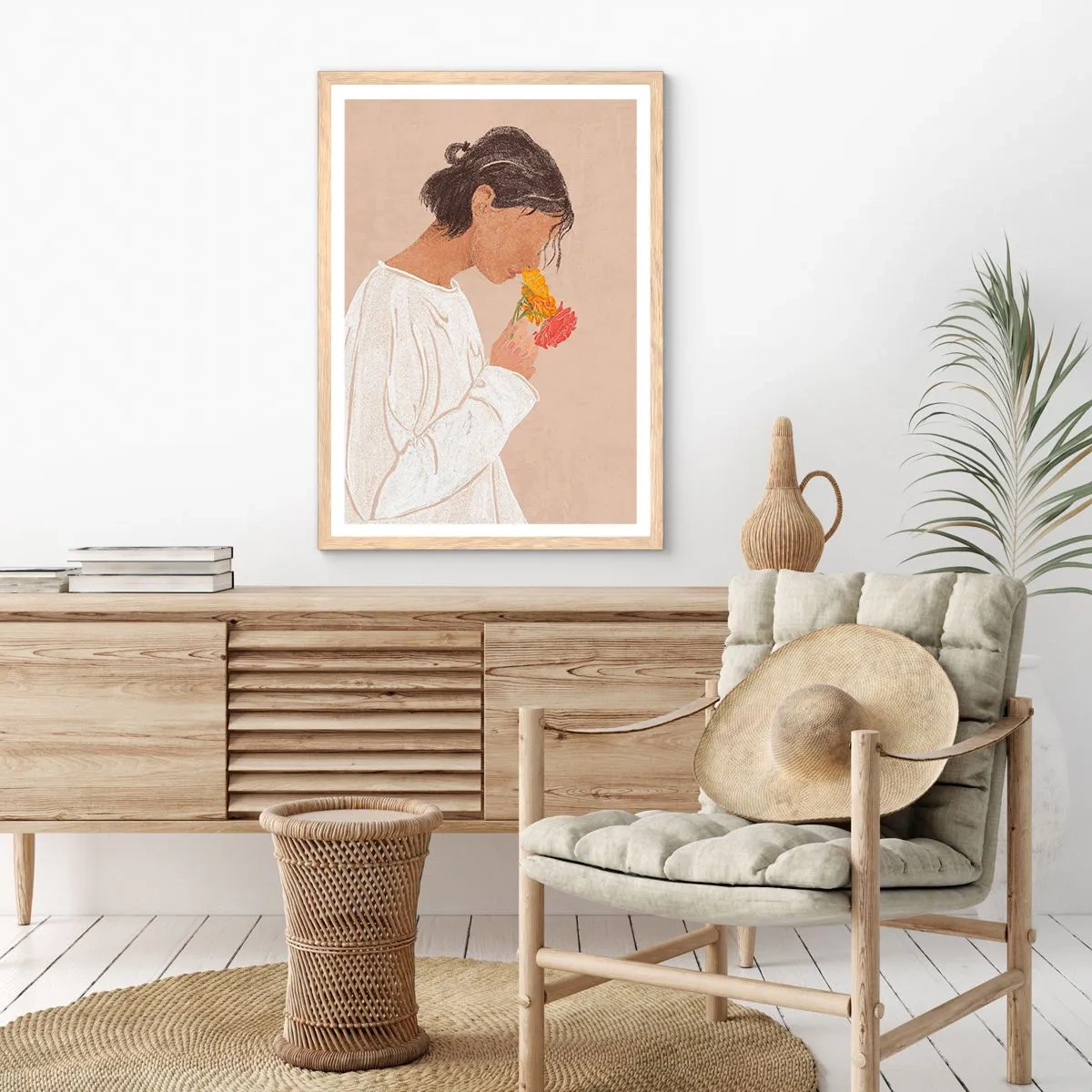 Poster in einem Rahmen aus heller Eiche - Mädchen und Blumen - 70x100 cm